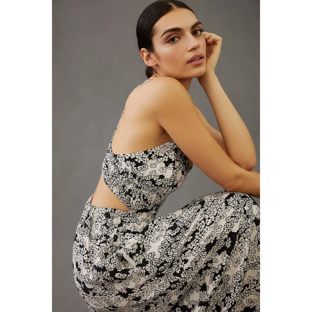 New By Anthropologie Floral Printed Midi Dress LINEN $170 X-SMALL Black