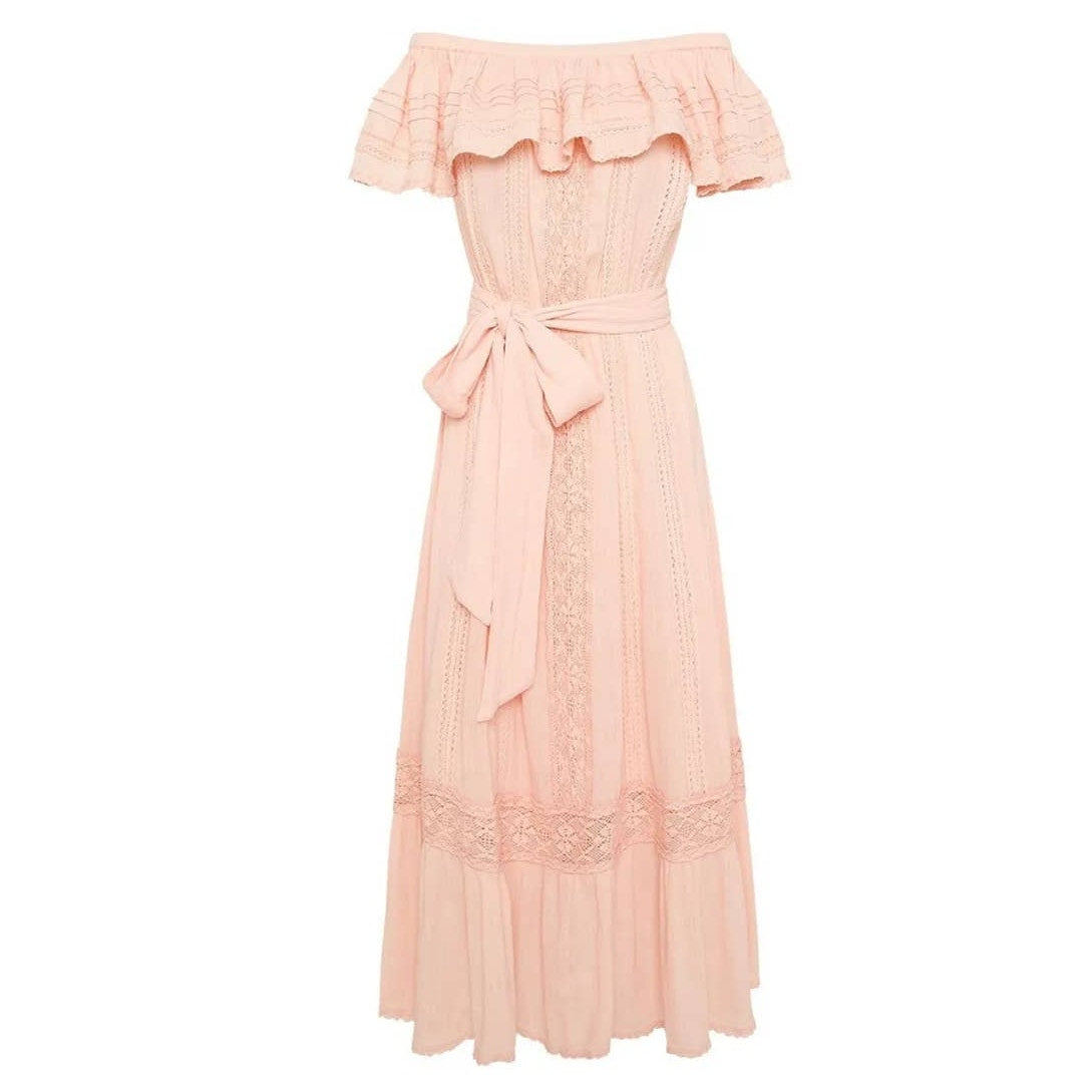 New Free People x Spell Cassie Off The Shoulder Lace Gown $299 X-SMALL Pink Free People
