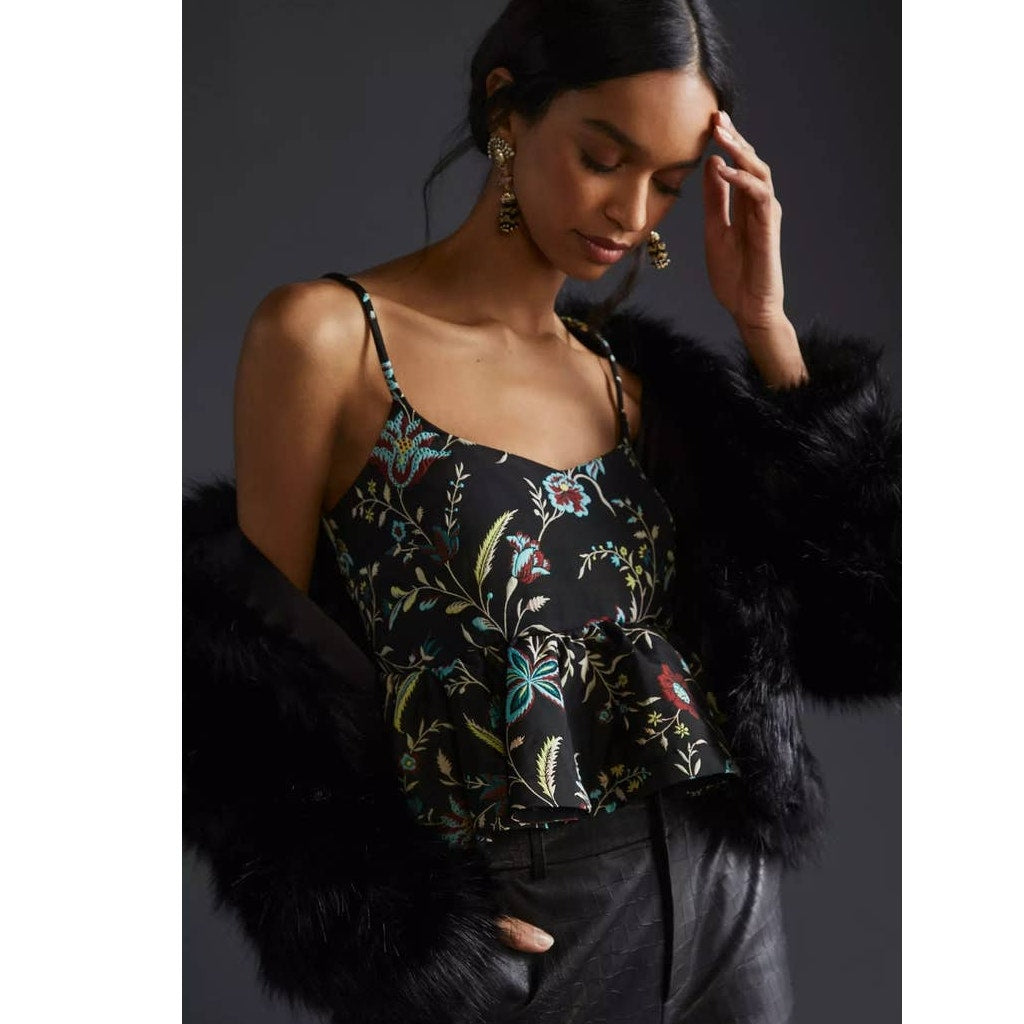 New Anthropologie x Maeve Jacquard Peplum Floral Tank Top $140 SMALL Black