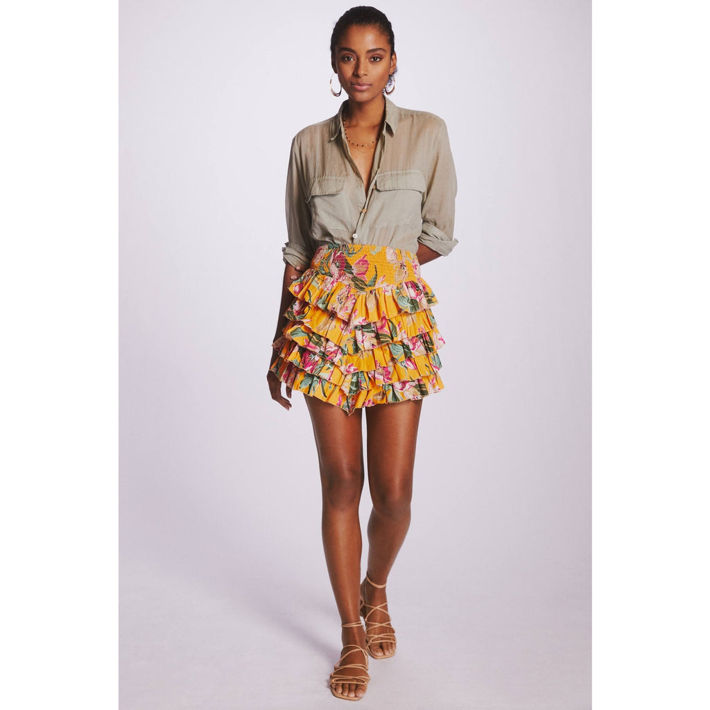 New Anthropologie LOVE THE LABEL Tiered Floral Mini Skirt $110  MEDIUM Yellow