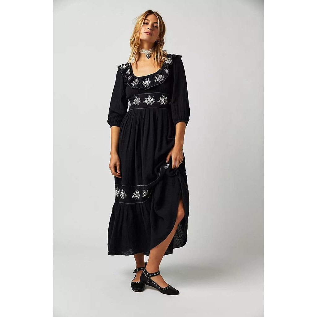 New Free People Lovers Lane Maxi Dress $168  X-SMALL Embroidered Black Floral