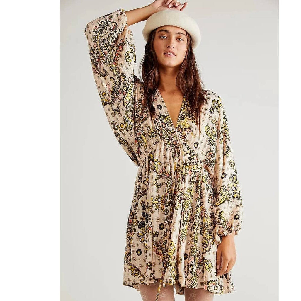 New Free People Arzel Printed Mini Dress $148  X-SMALL Tea Combo Long Sleeve