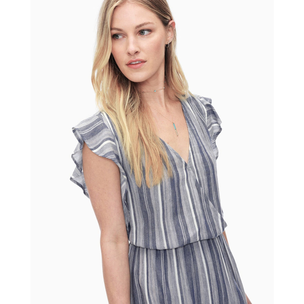 Striped chambray maxi dress bodice with V-neck and ruffled tulip sleeves