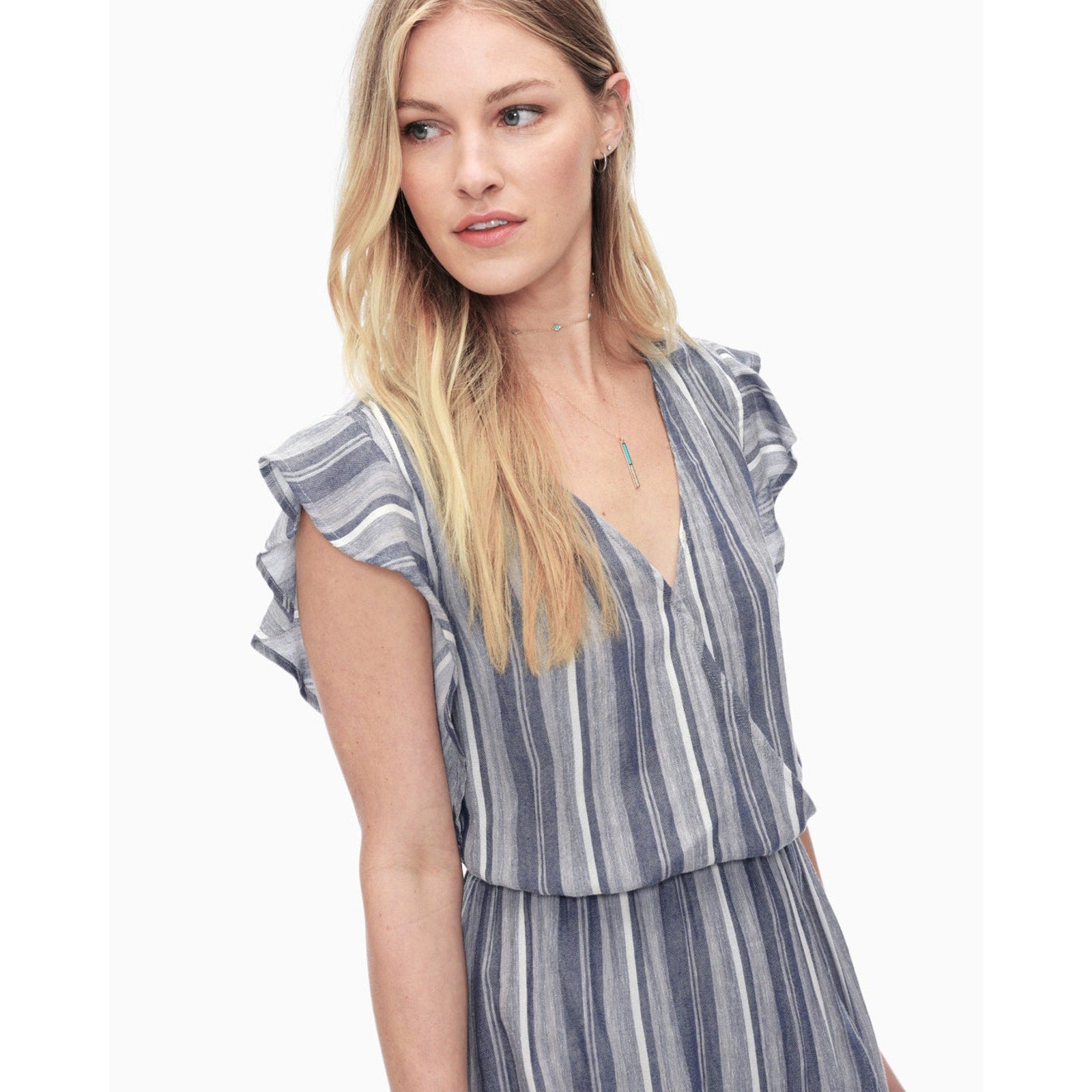 Striped chambray maxi dress bodice with V-neck and ruffled tulip sleeves