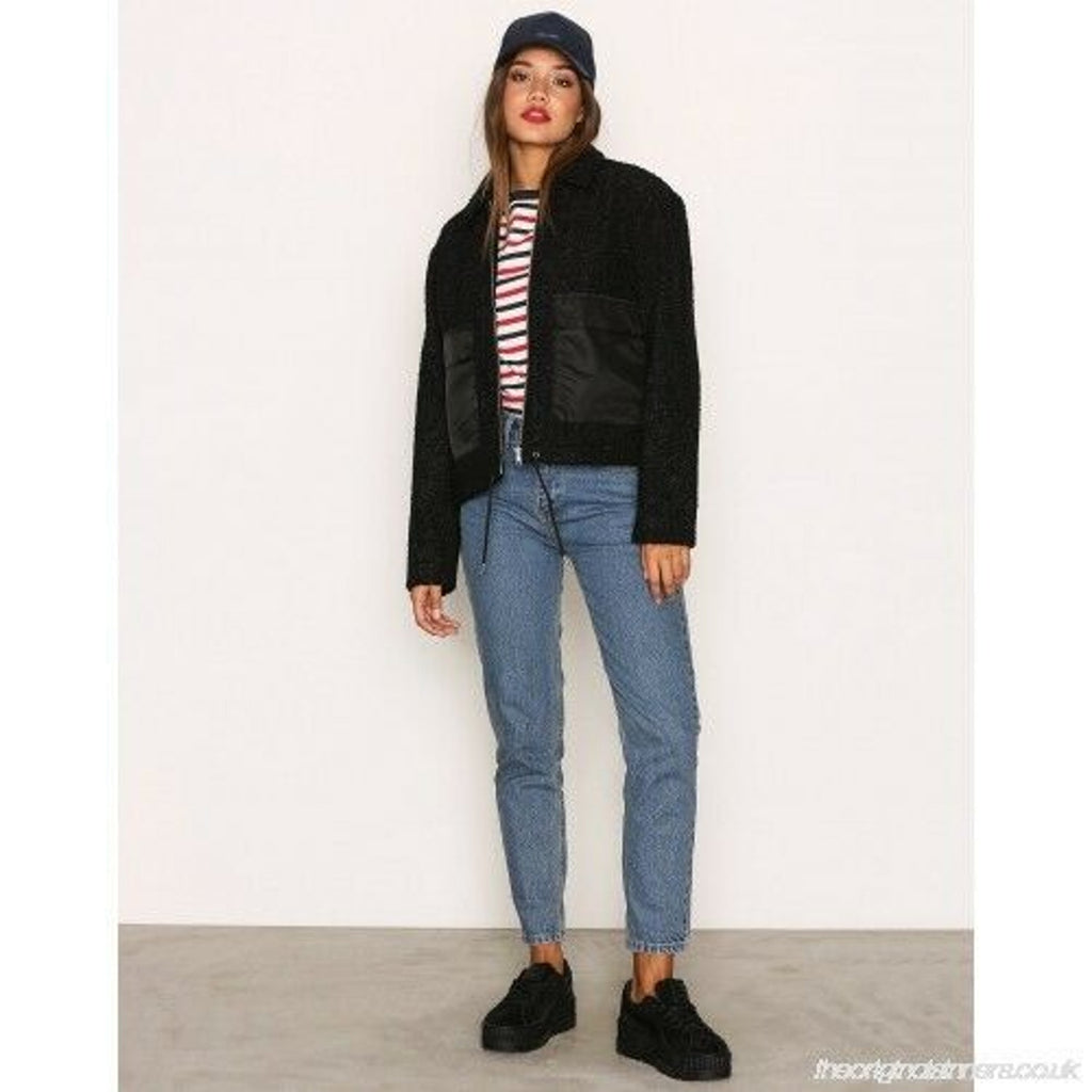 New Dr Denim Emlin Box Crop Faux Shearling Jacket Black Boucle $220 SMALL Chic