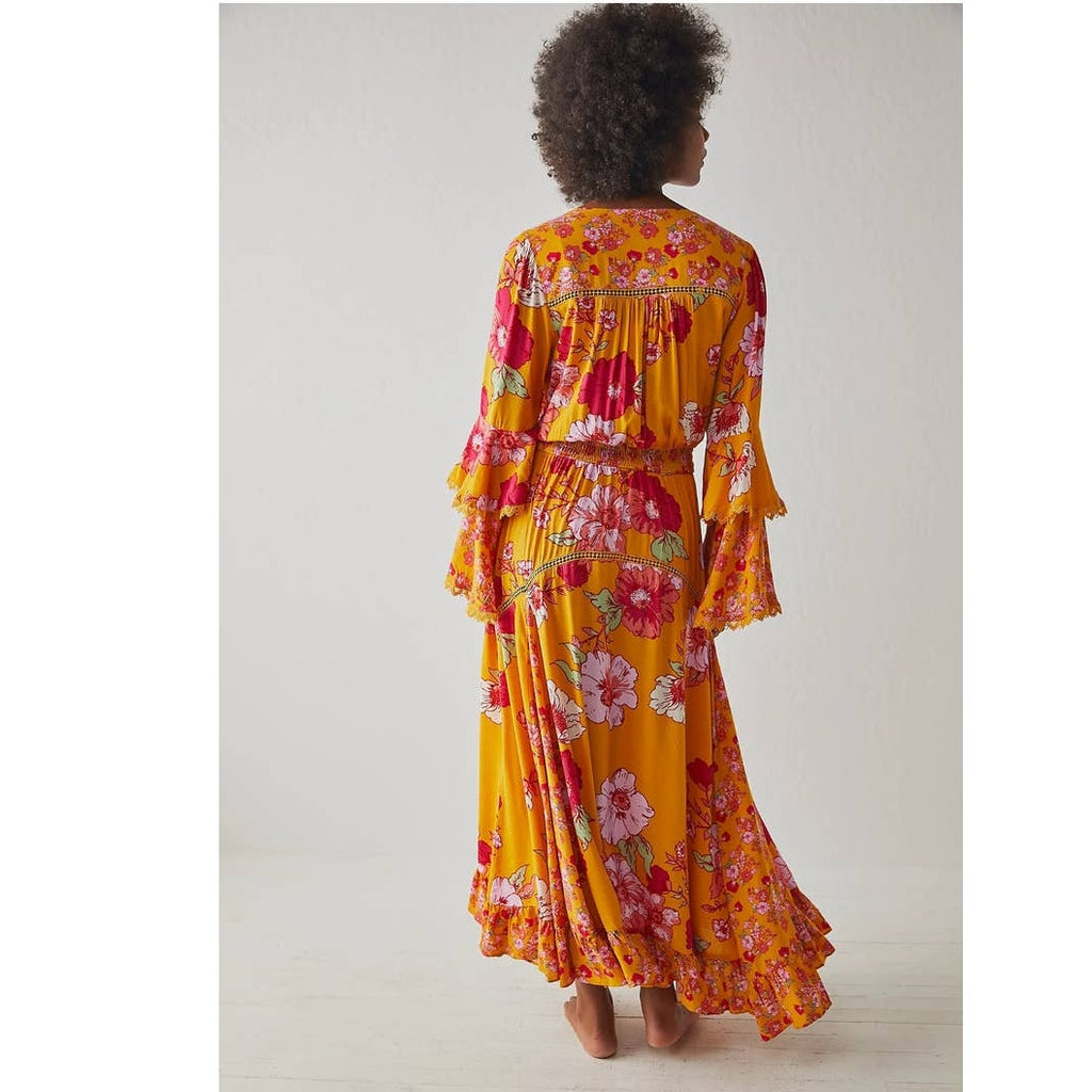 New Free People INTIMATELY Penny Printed Maxi Bodysuit $228 SMALL Gold Combo