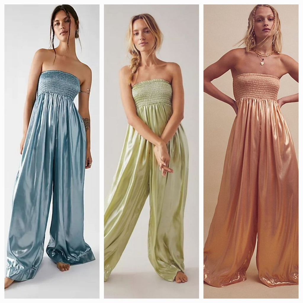 New Free People Julie Metallic Wide-Leg Jumpsuit $200 X-SMALL Green Boho Smocked