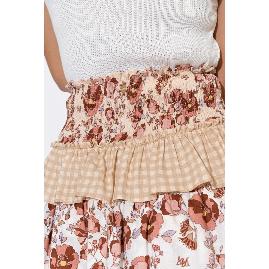 New AMBRA MADDALENA Guinivera Tiered Midi Skirt $200 US 4 Checks & Florals