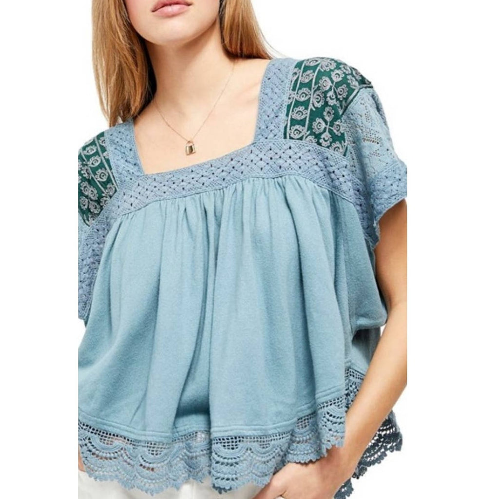 Free People Prairie Days Floral Embroidered Lace Blouse