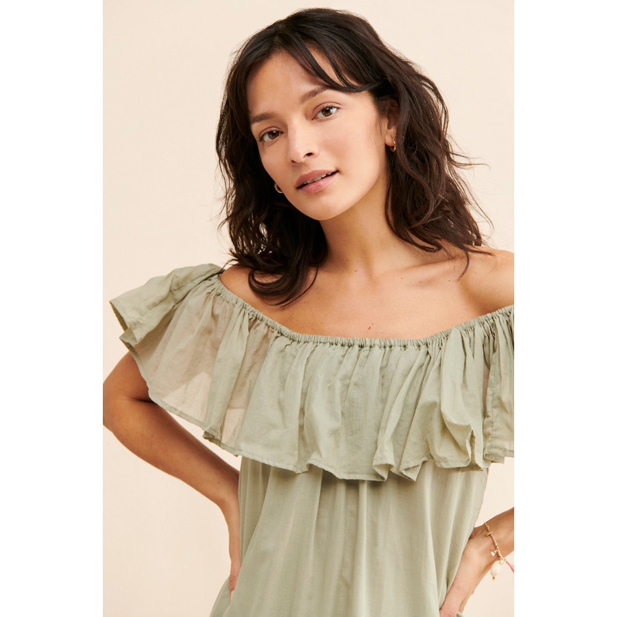 New Anthropologie Erika Pena Off-The-Shoulder Tiered Mini Dress $210 XS/S Moss