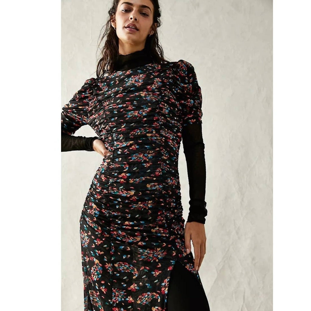 New Free People Briella Abstract Floral Midi Dress  $168 SMALL Twilight