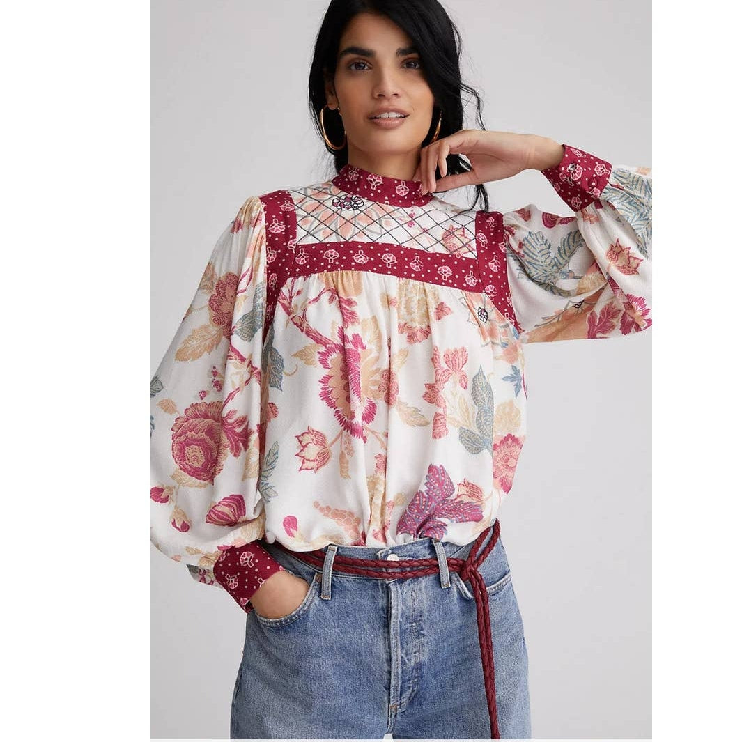 New Anthropologie Let Me Be Quilted Floral Long Sleeve Blouse $130 SMALL Pink