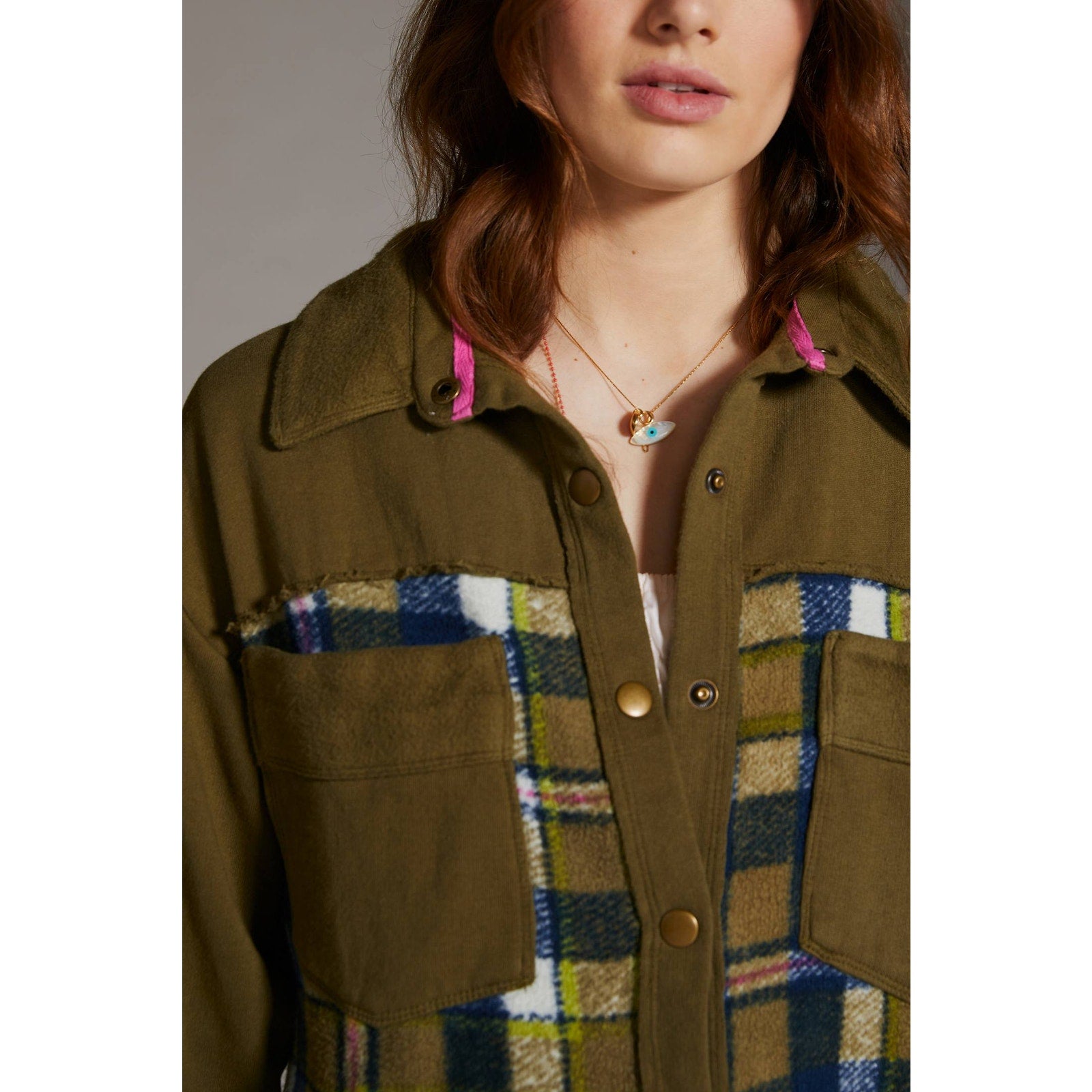 New Anthropologie Pilcro Plaid Contrast Shirt Jacket $140 X-SMALL Green Motif