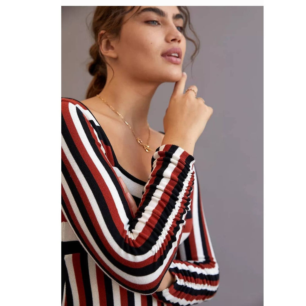 New Anthropologie Maeve Striped Sweater Midi Dress $148 X-SMALL Brown Motif