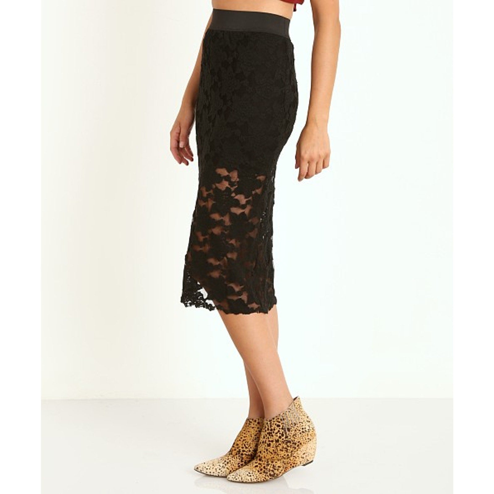 New Free People Lace Pencil Skirt Black $78 X-Small Midi Elastic Waist Lined