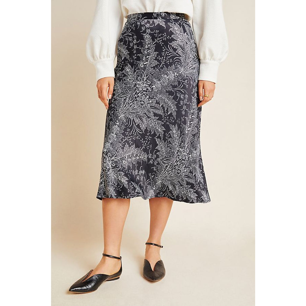 New Anthropologie Bias Satin Midi Skirt $110 SIZE 8 Black Floral