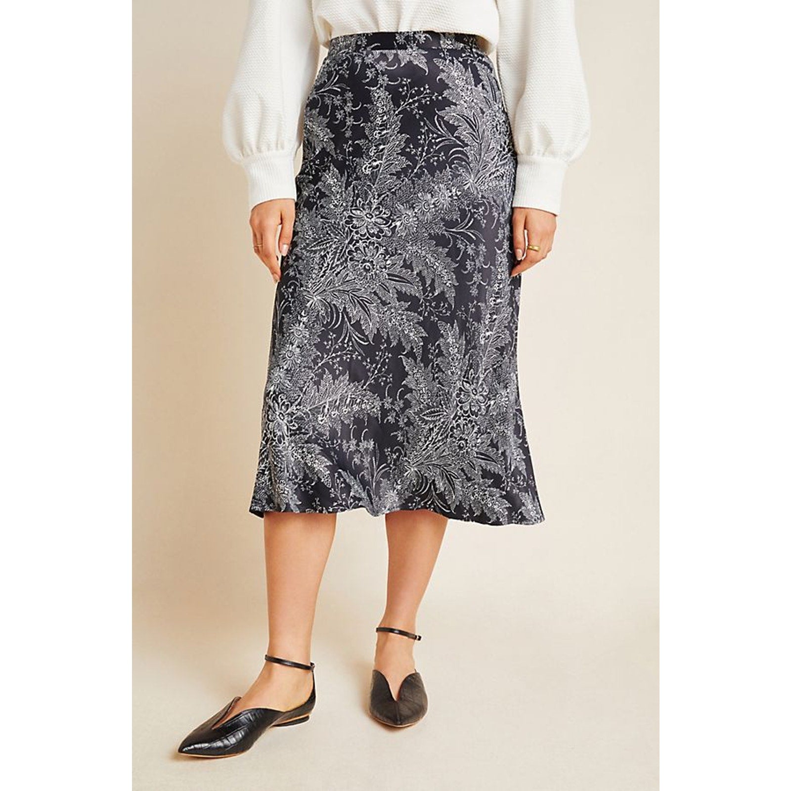 New Anthropologie Bias Satin Midi Skirt $110 SIZE 8 Black Floral