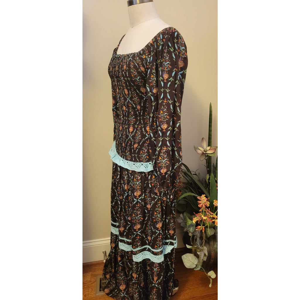 New Verandah Smocked Tiered Maxi Dress SQUARE-NECK  $595 SMALL (4) Brown Motif