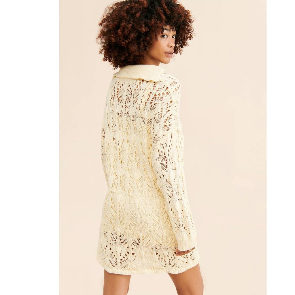 New Free People Elton Collared Crochet Mini Dress $178 MEDIUM Ivory Lined