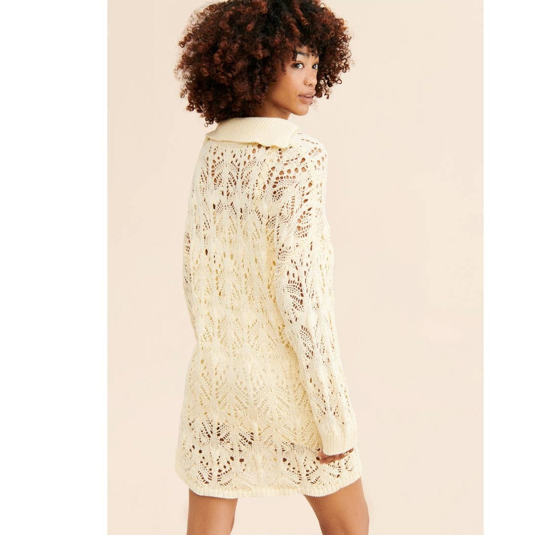New Free People Elton Collared Crochet Mini Dress $178 MEDIUM Ivory Lined