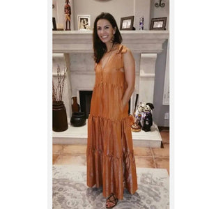New Anthropologie Maeve Soraya Shimmer Tiered Maxi Dress $158 SMALL Orange