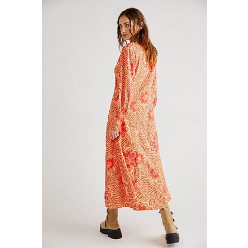 New Free People Nappa Midi Dress $168 SMALL Sunshine Floral Coral Long Sleeve