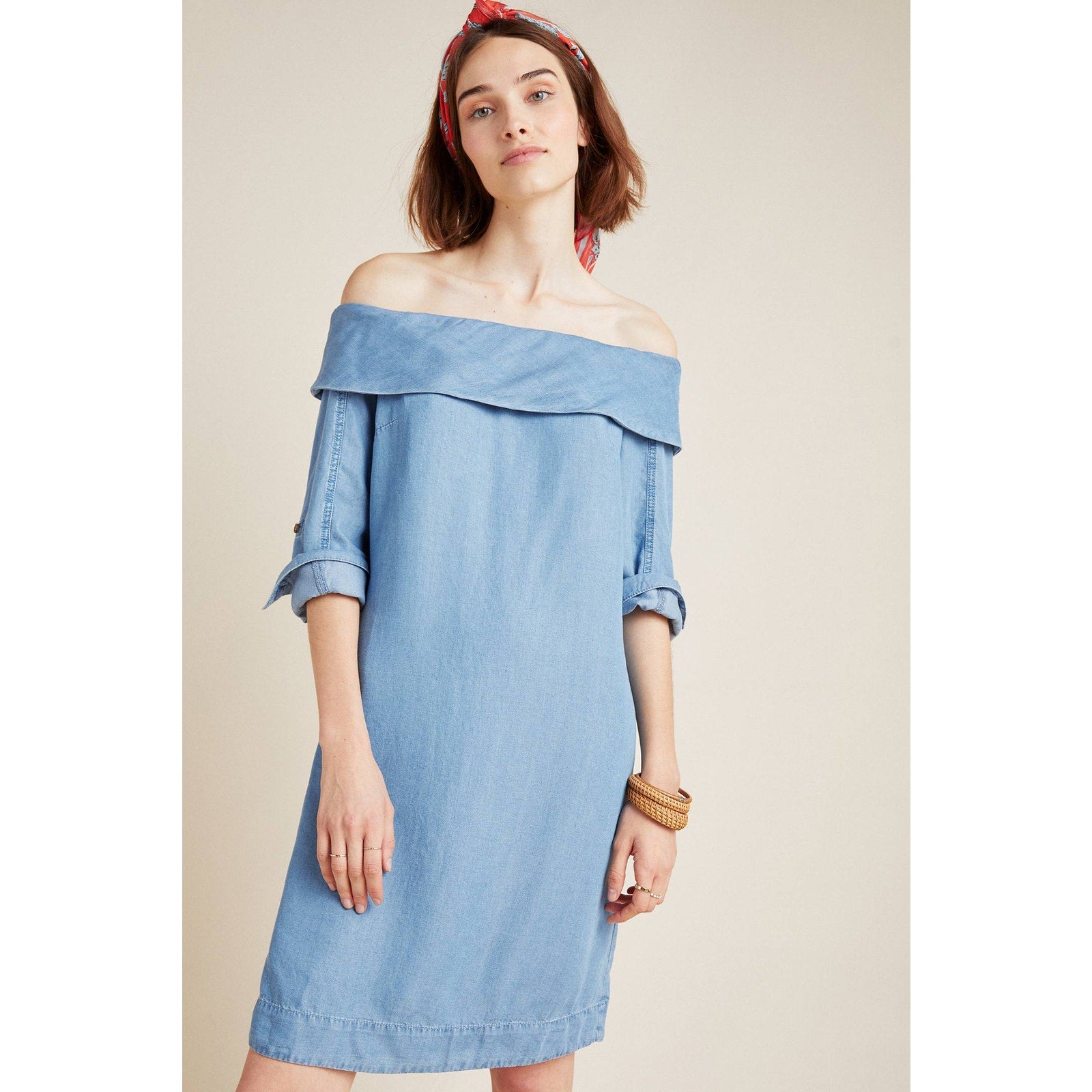New Anthropologie Pilcro Off-The-Shoulder Chambray Mini Dress $140 Size 0