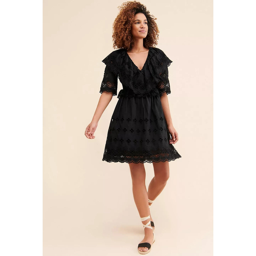 New Free People Antik Batik Ally Eyelet Mini Dress $437 X-SMALL 36 Black LBD