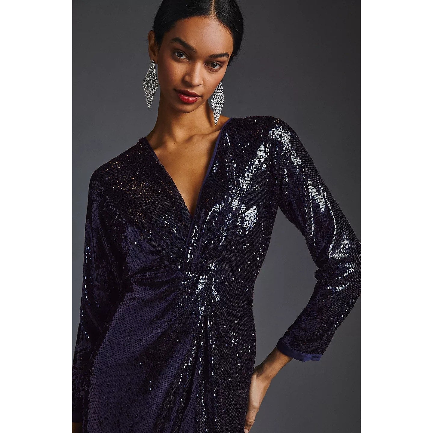 New By Anthropologie Twist-Front Sequin Dress $210 Navy Blue US Size 4