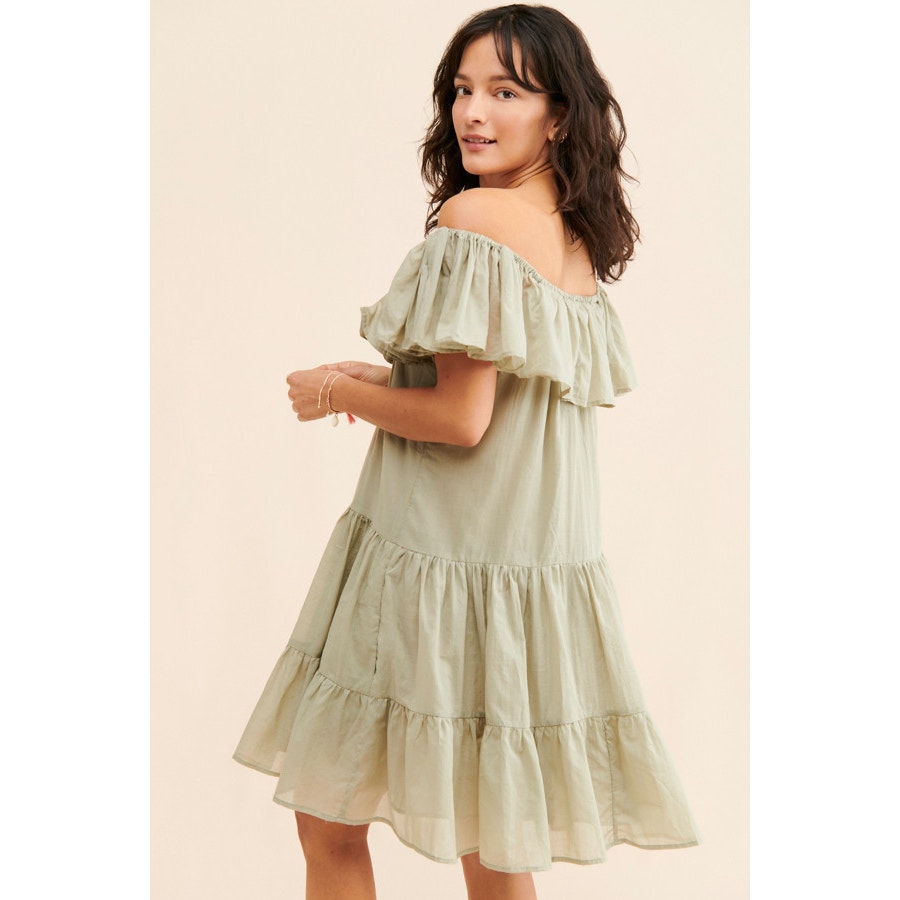 New Anthropologie Erika Pena Off-The-Shoulder Tiered Mini Dress $210 XS/S Moss