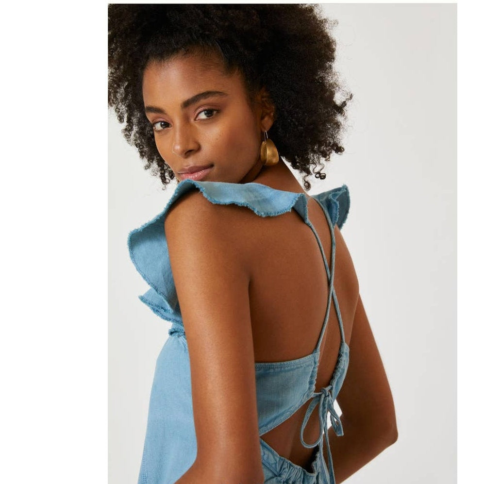 New Anthropologie Pilcro Flutter Sleeve Midi Dress $160 X-SMALL Blue
