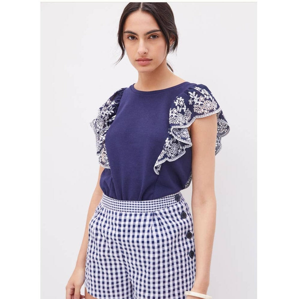 New Anthropologie by Maeve Ruffled Eyelet Top $90 MEDIUM Navy