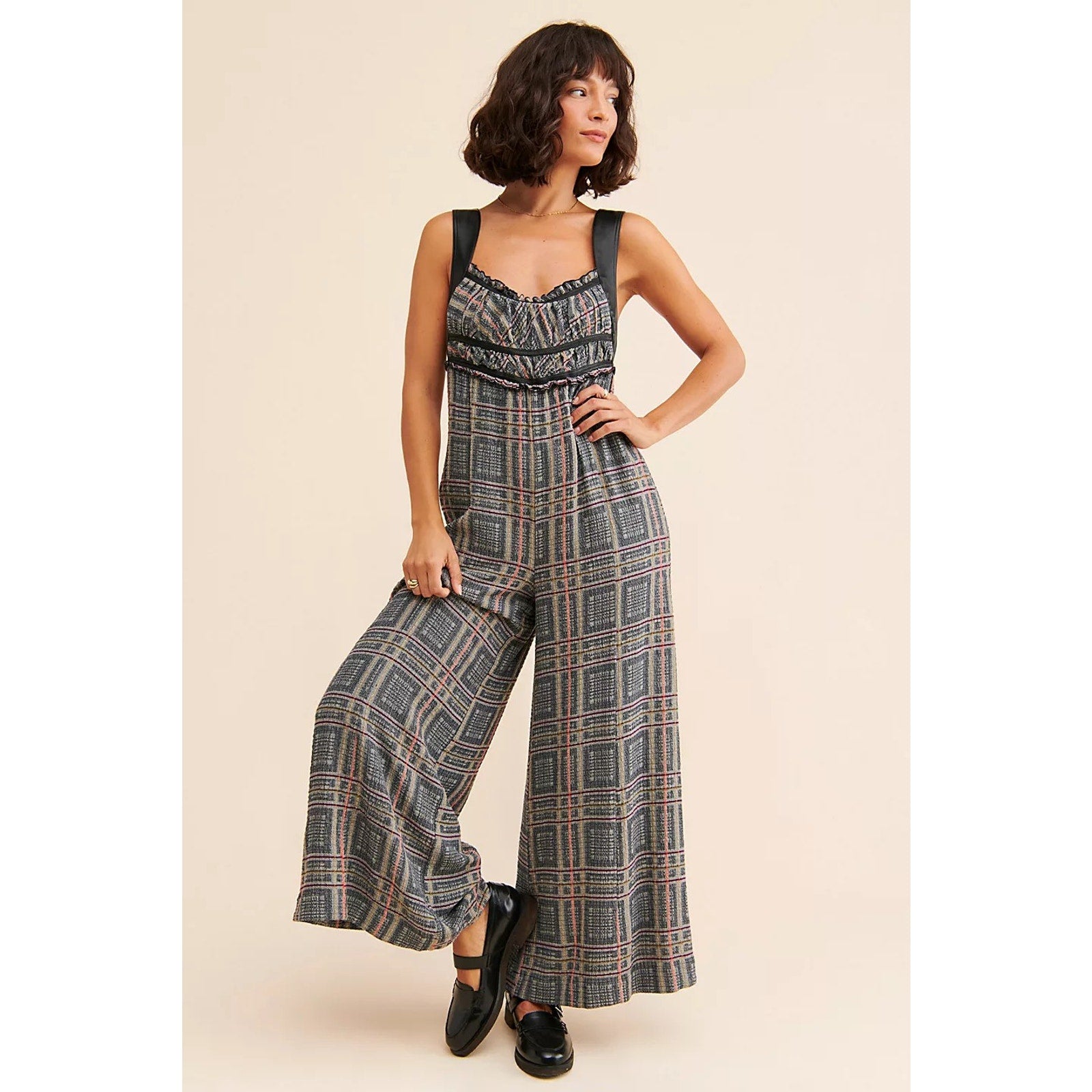 Free People Marley Plaid One-Piece Wide Leg Jumpsuit