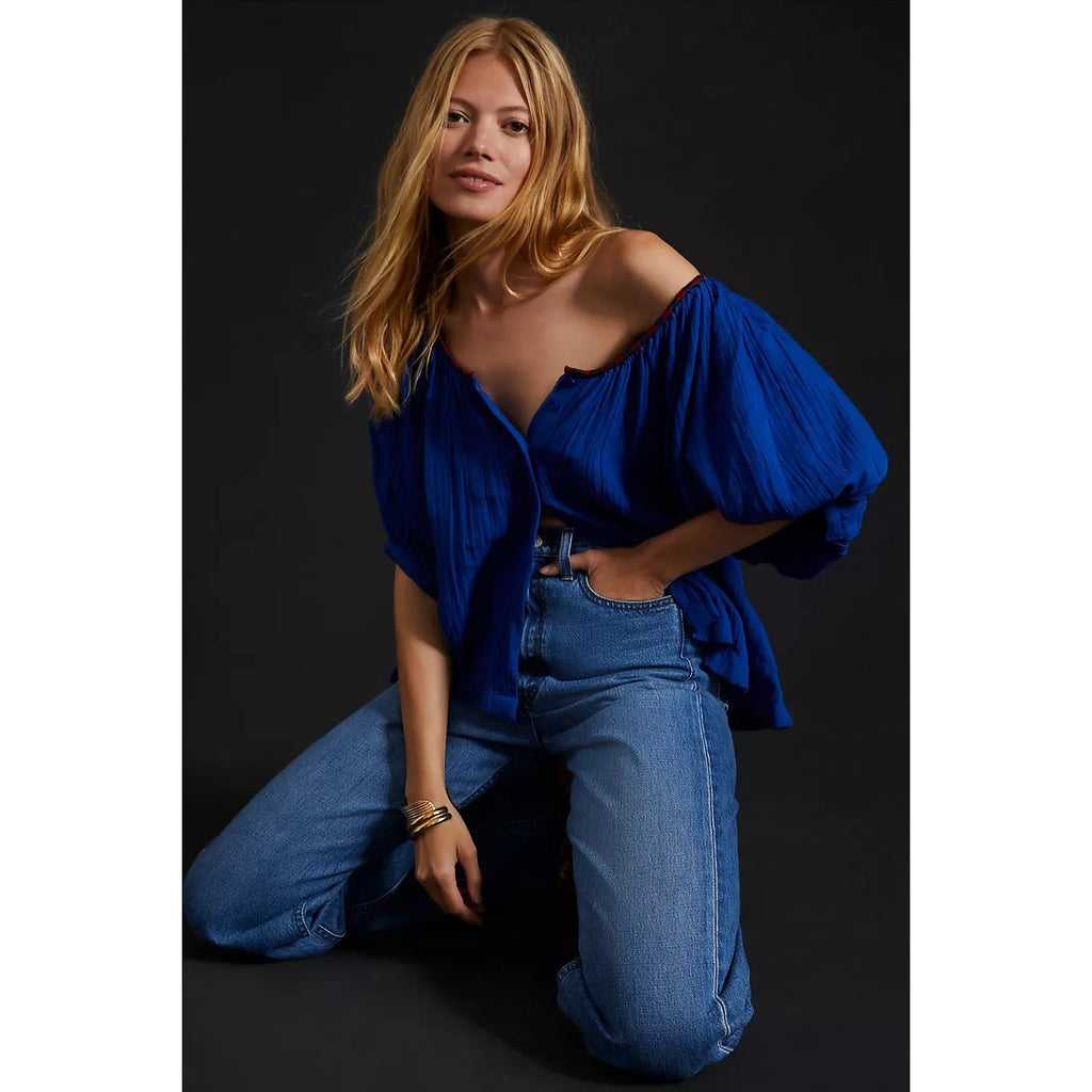 Anthropologie Sundry Embroidered Blouse SMALL (1) Klein Blue Anthropologie