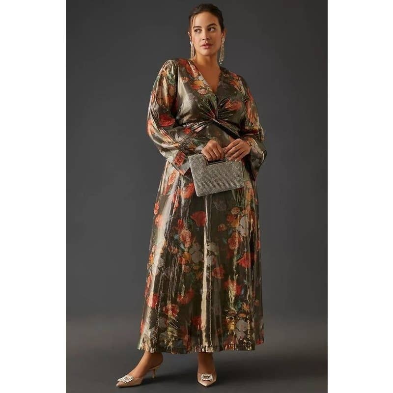 New Anthropologie Caballero Deep V-Neck Maxi Dress $248 X-SMALL Floral