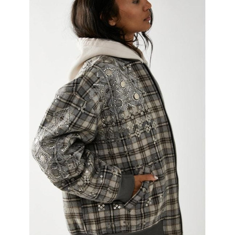 New Free People Louie Embellished Bomber Jacket OVERSIZED $458 MEDIUM Gray