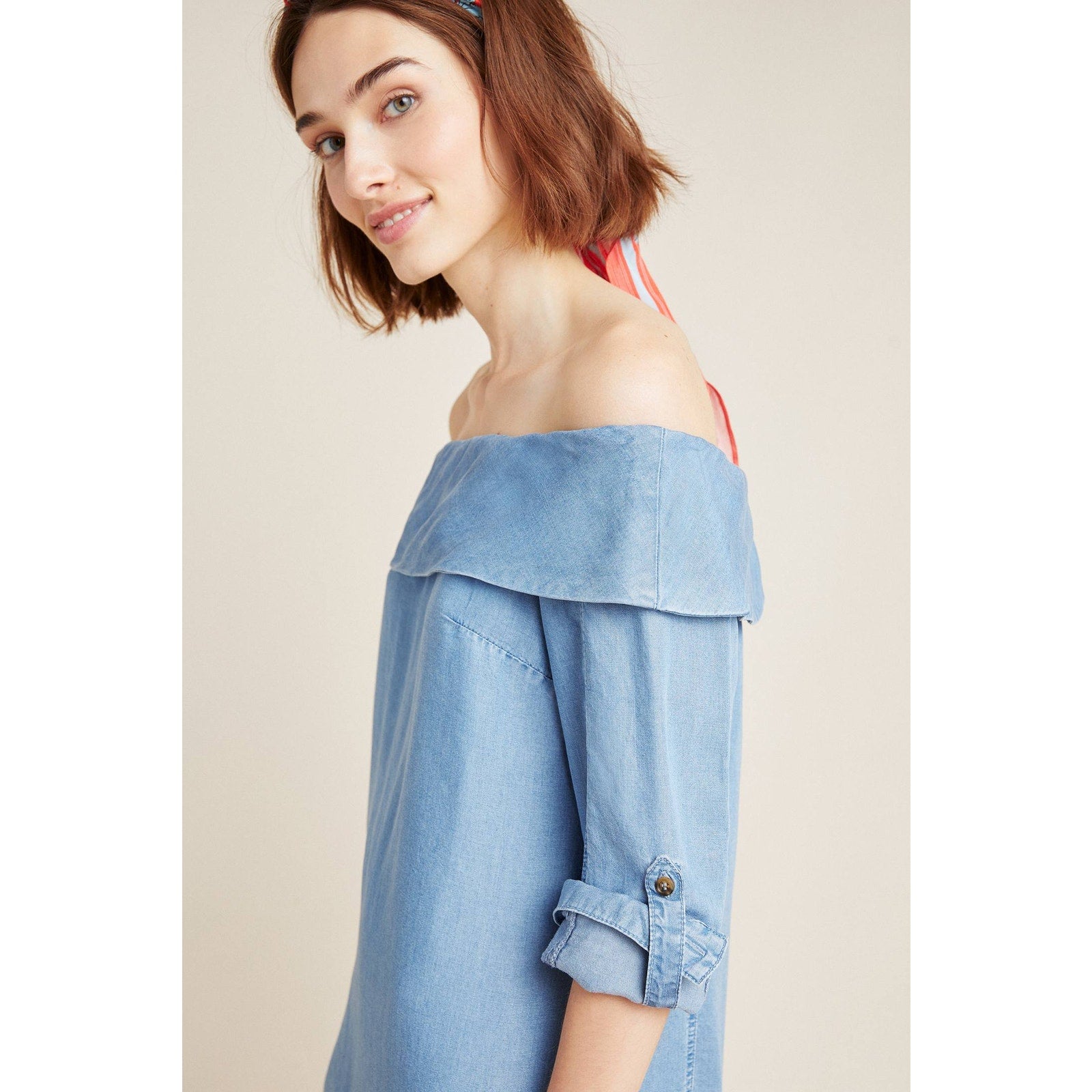 New Anthropologie Pilcro Off-The-Shoulder Chambray Mini Dress $140 Size 0