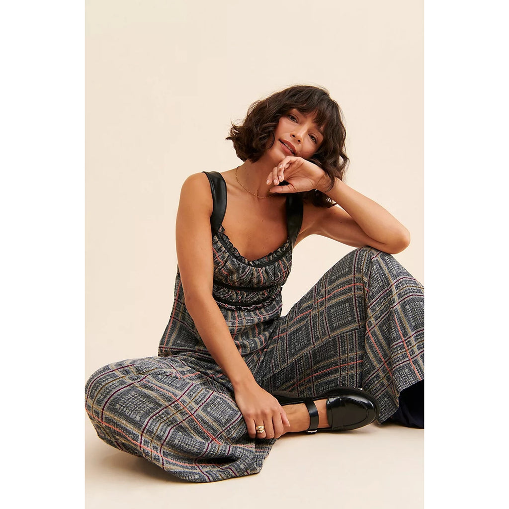 New Free People Marley Plaid One-Piece Wide-Leg Jumpsuit $188 SMALL