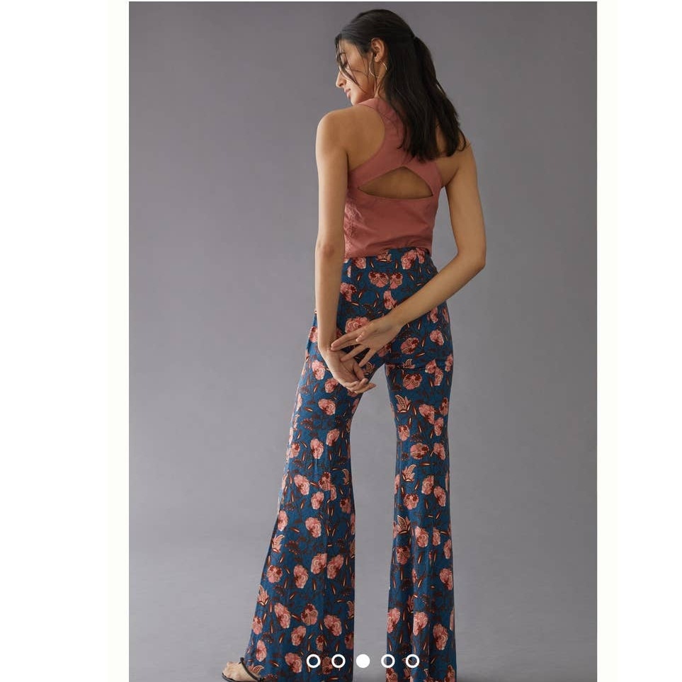 New By Anthropologie Drapey Flare Pants $120 SIZE 2 Blue Motif Pink Floral