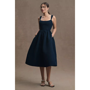 New Anthropologie Blaine Square-Neck Taffeta A-Line Midi Dress $268 SIZE 8 Blue