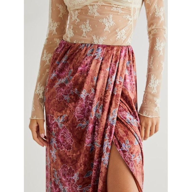 New Free People Poets Velvet Sarong Floral Midi Skirt $128 SMALL Rust