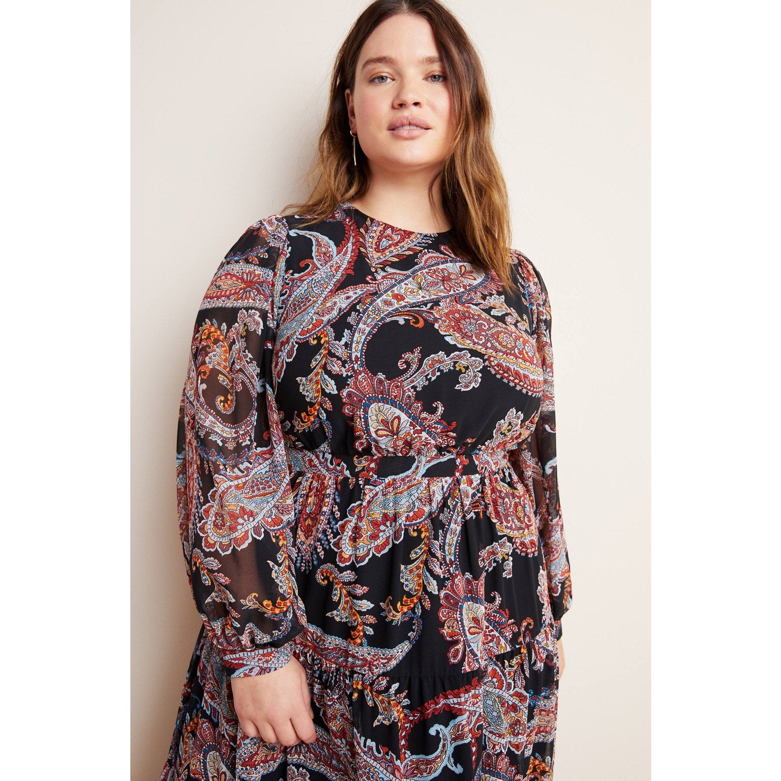 Anthropologie Paisley Long Sleeve Maxi Dress PLUS 16W Black Motif Anthropologie