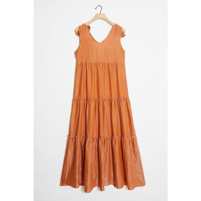 New Anthropologie Maeve Soraya Shimmer Tiered Maxi Dress $158 SMALL Orange