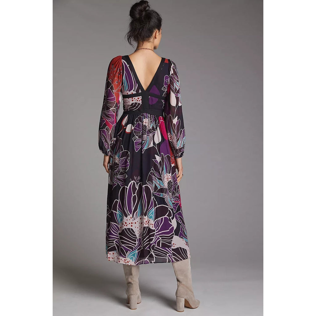 New Anthropologie Let Me Be Floral Midi Dress $198 SMALL Black Motif