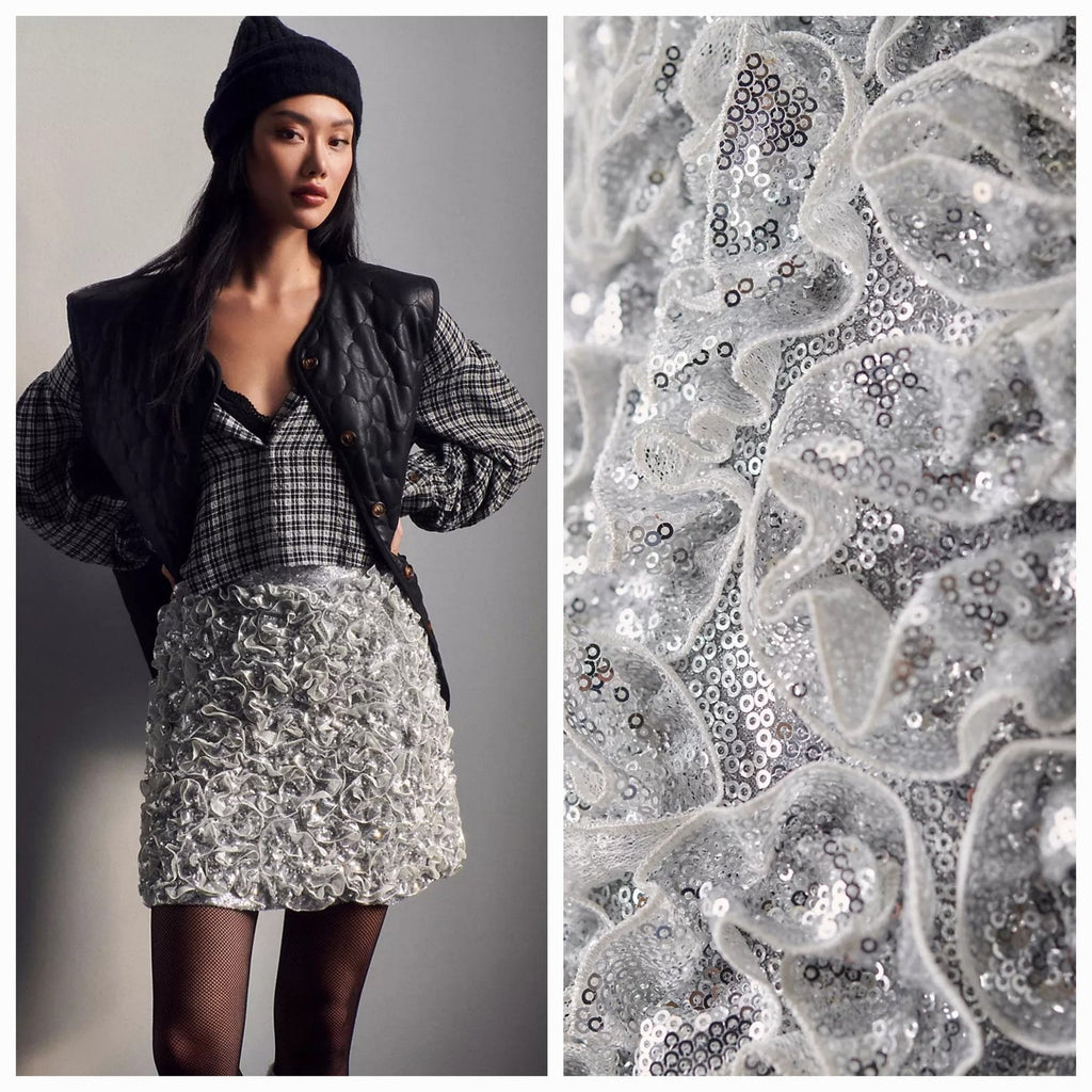 New Anthropologie Mare Mare 3-D Sequin Mini Skirt  $198 SMALL Silver