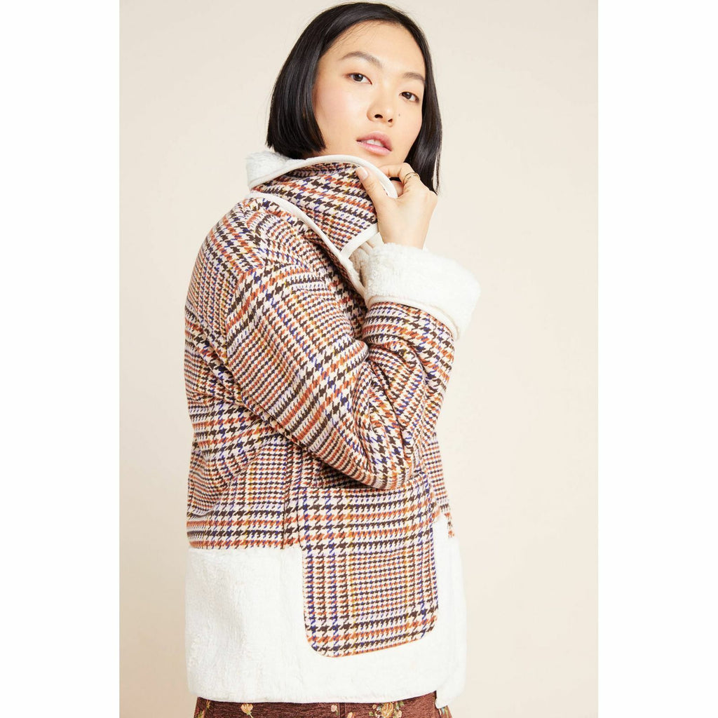 New Anthropologie Plaid Faux Fur Jacket by NuRode $240 X-SMALL Houndstooth