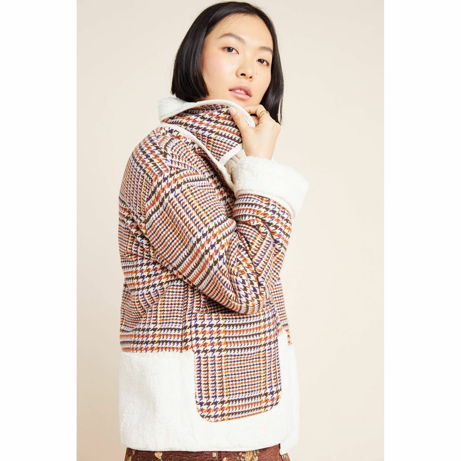 New Anthropologie Plaid Faux Fur Jacket by NuRode $240 X-SMALL Houndstooth