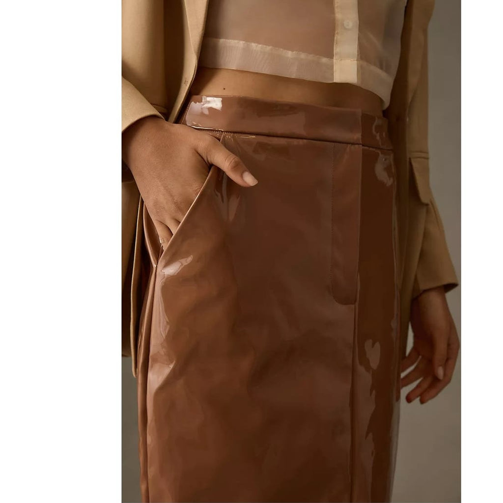 Anthropologie Sunday in Brooklyn Faux Leather Midi Skirt $130 MEDIUM Bronze