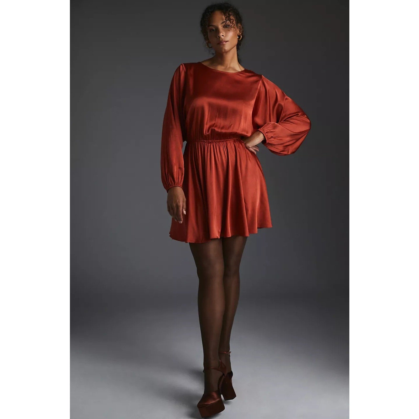 New Anthropologie Caballero Long-Sleeve Mini Dress $180 SMALL Red Motif