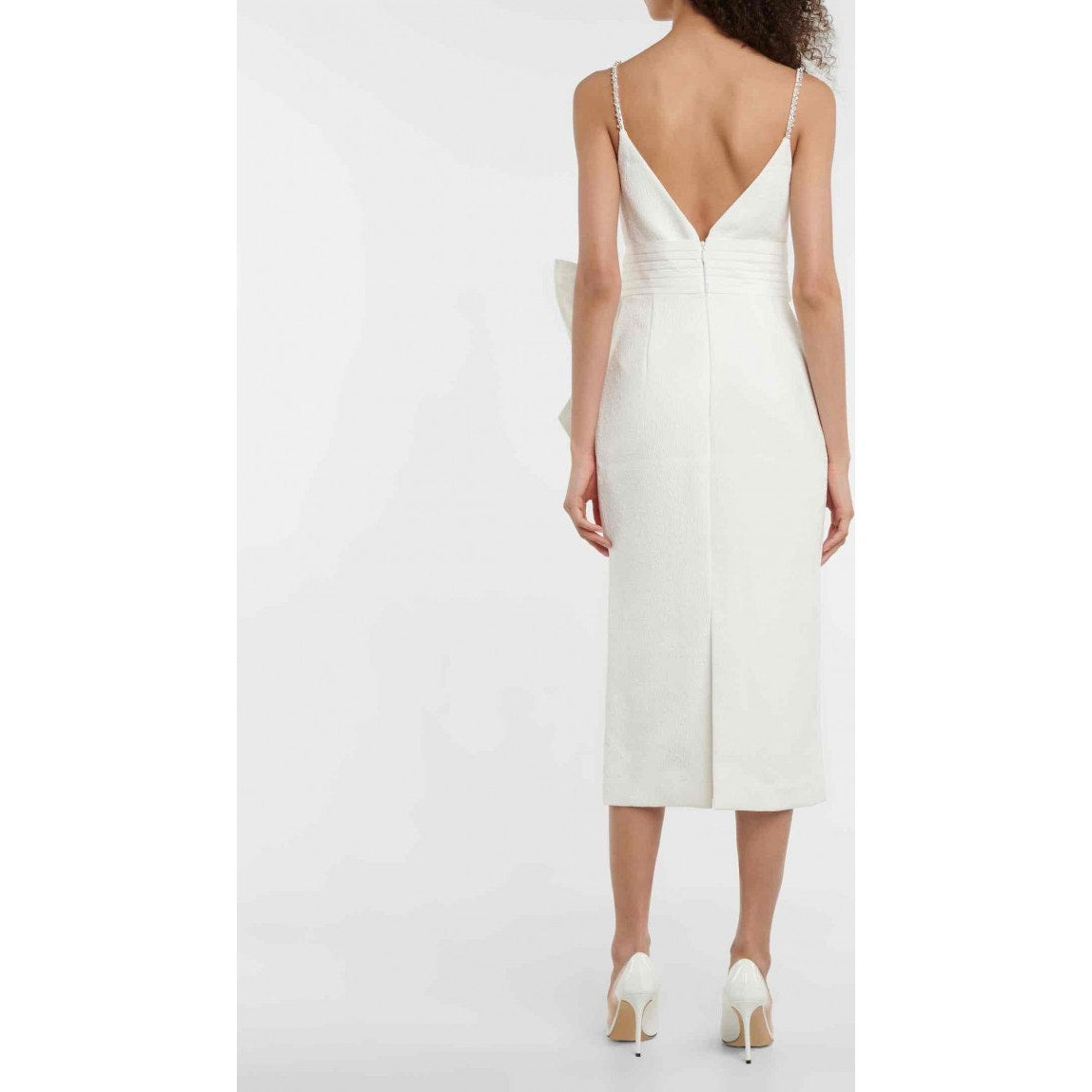 New Rebecca Vallance Genevieve Bow V-Neck Sheath Midi Dress $630 SIZE 8 White